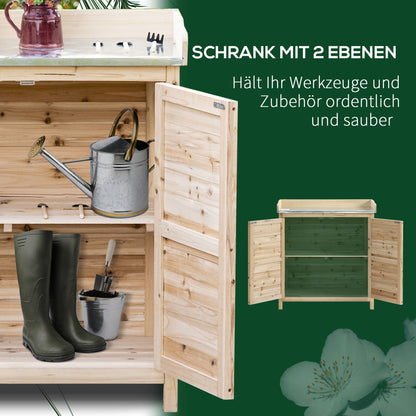Outsunny Gartenschrank mit 2 Fächern, Metall-Arbeitsplatte mit Aufkantung, Naturholz, 83 x 40 x 92 cm