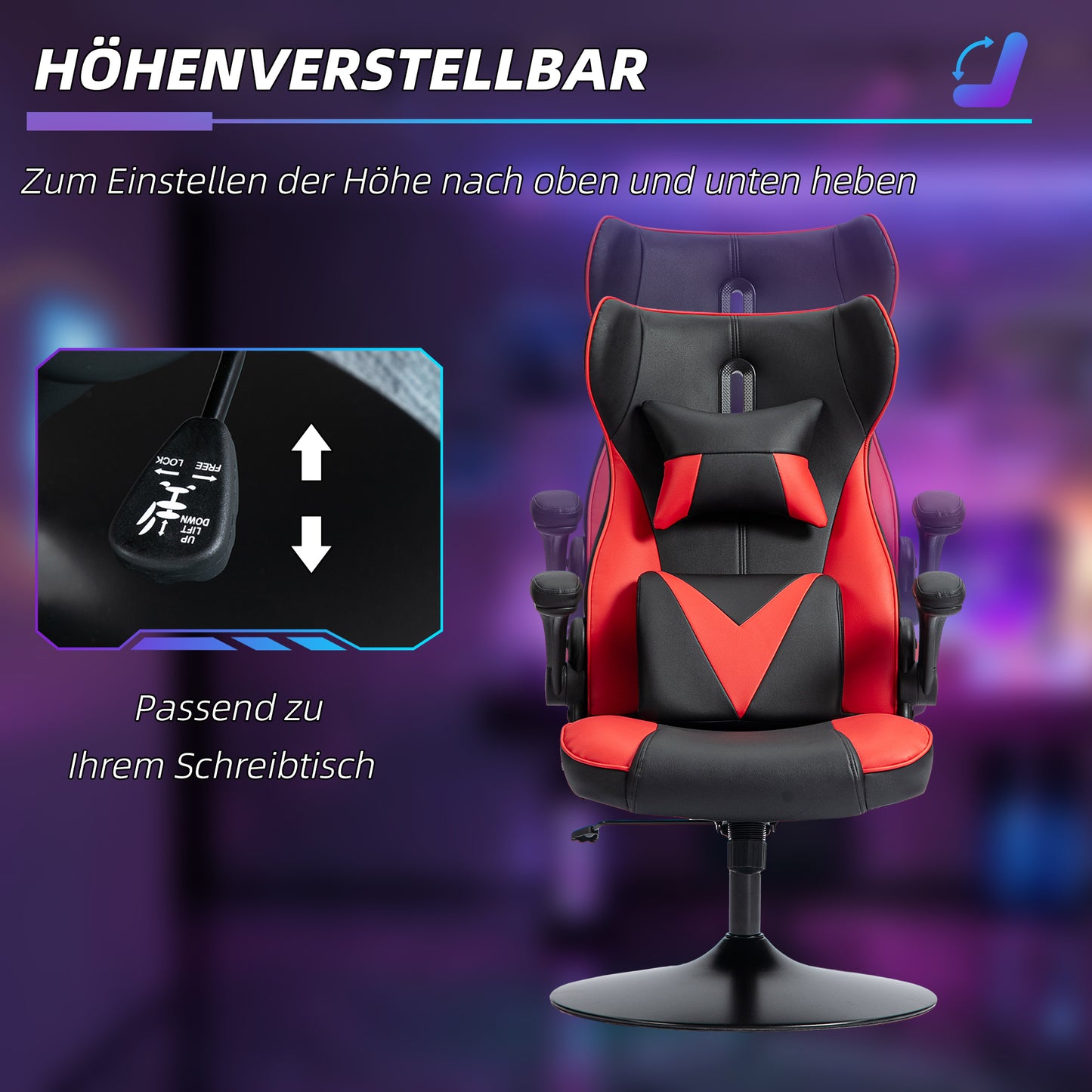 Vinsetto Gaming-Stuhl mit Schaukelfunktion, Drehstuhl, höhenverstellbar, gepolsterter Sitz, Metall, 67 x 71 x 112 cm, Rot