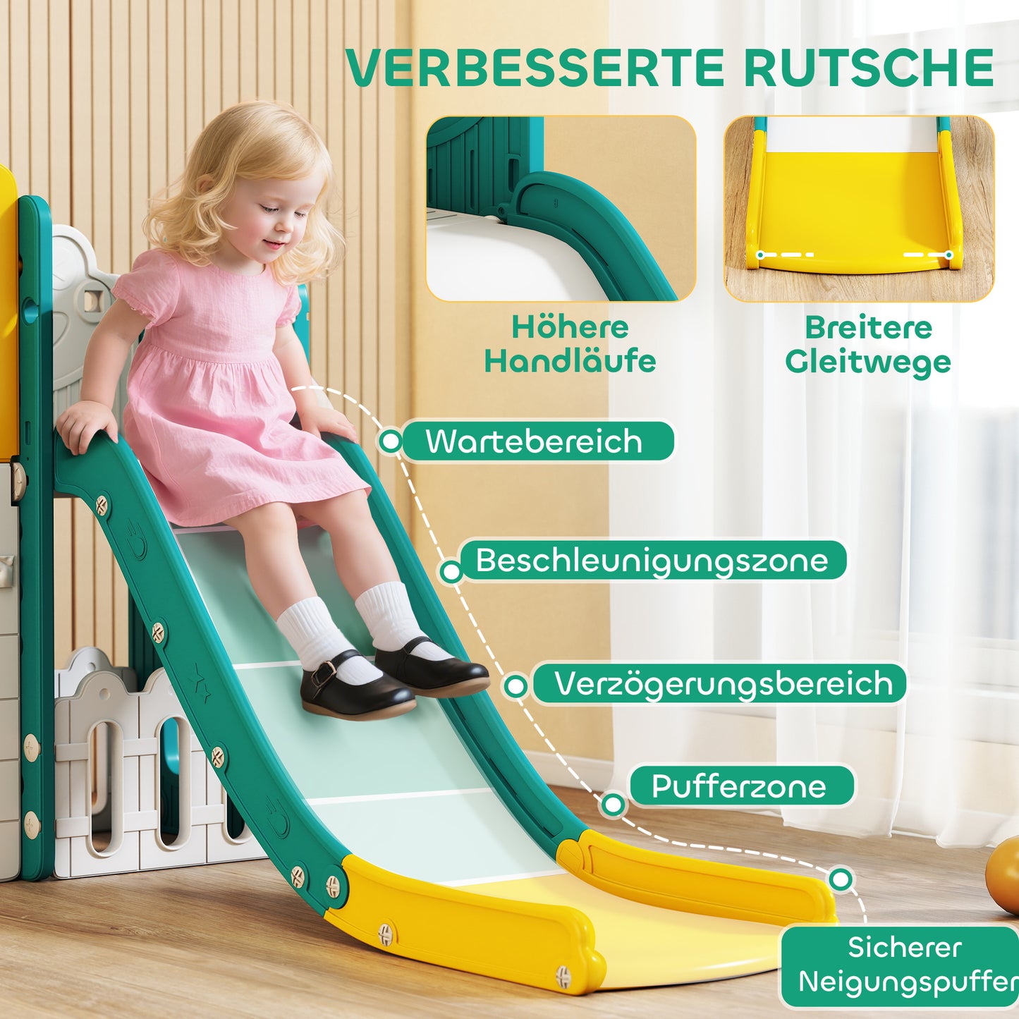 AIYAPLAY 7-in-1 Rutschenset für Kleinkinder, Basketballkorb, Froschdesign, Klettergerüst, Schaukelsitz, für drinnen und draußen, Gelb+Grün