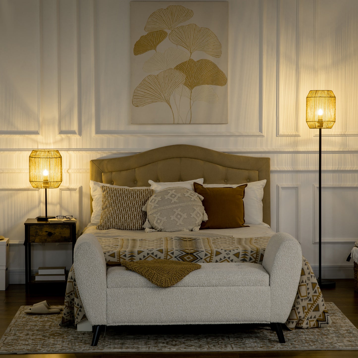 HOMCOM 2-teiliges Leuchten-Set. 1 Stehleuchte, 1 Tischleuchte, 38 cm x 38 cm x 158 cm, Natur + Schwarz