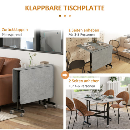 HOMCOM Esstisch für 4-6 Personen, Klapptisch mit Rollen, Stahlgestell, 52,5-120 x 80 x 73 cm, Grau
