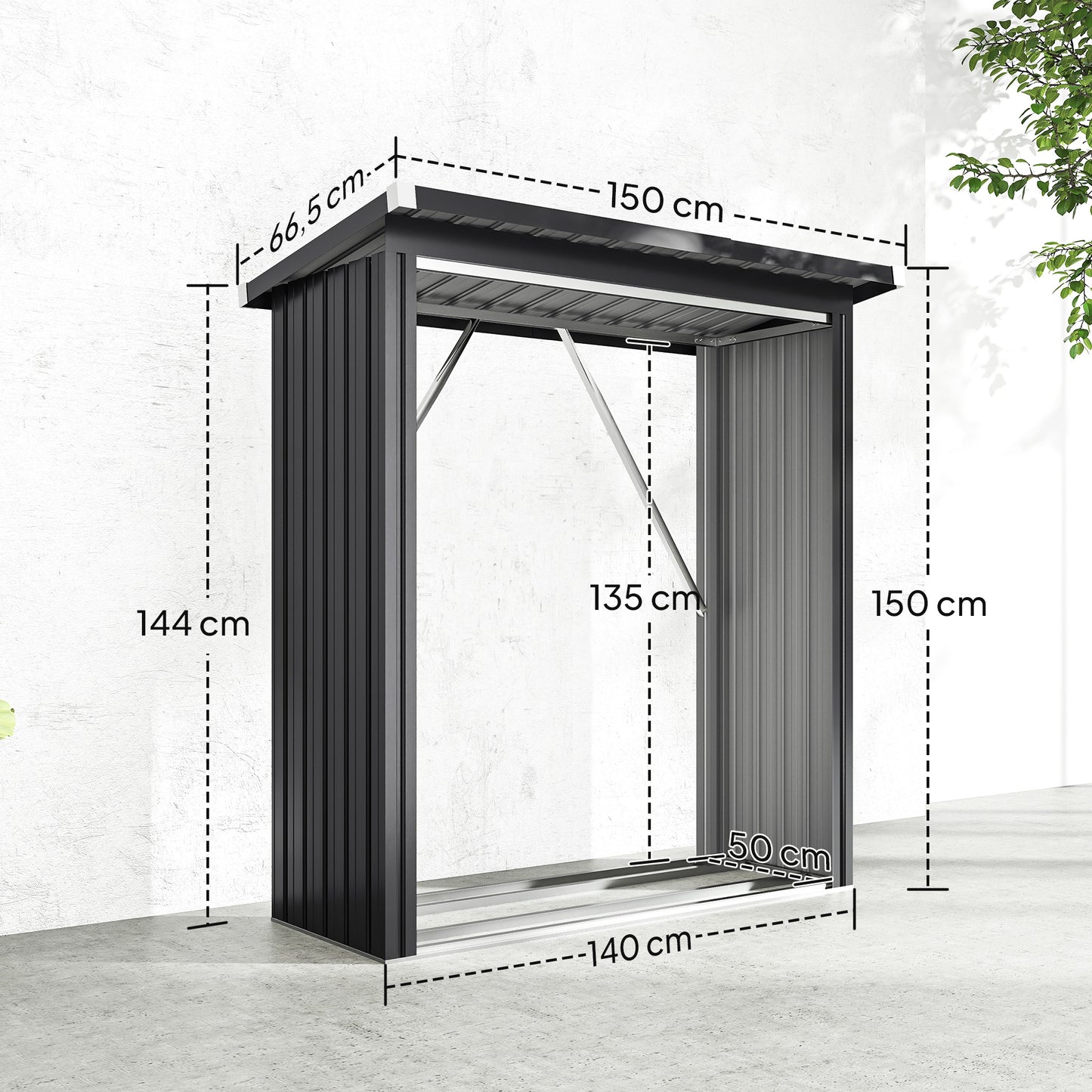 Outsunny Brennholzschuppen, Feuerholzunterstand, Stahl, erhöhter Boden, Schrägdach, 150 x 66,5 x 150 cm, Dunkelgrau