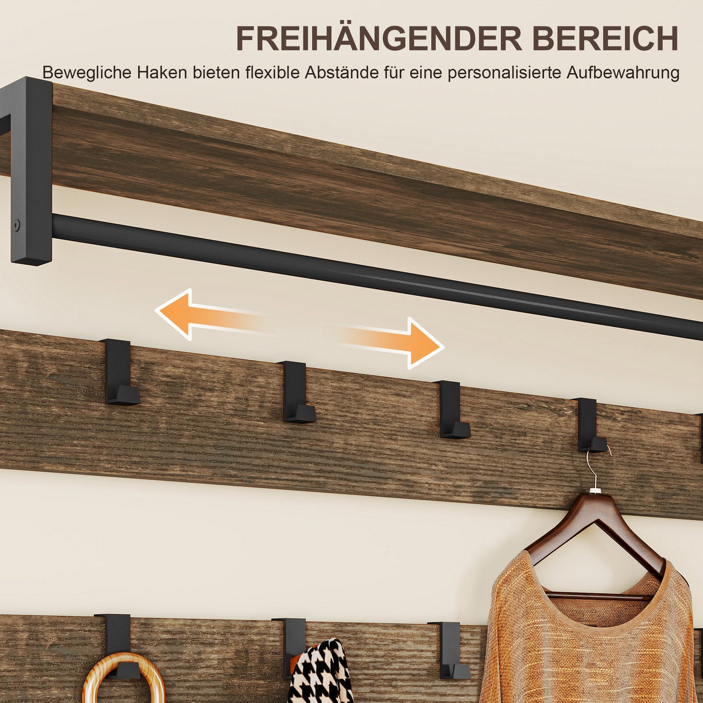 HOMCOM 6-in-1 Garderobenständer mit Sitzbank und Schuhregal, Industrie-Stil, 10 Haken, 2 Stoffschubladen, Metall, Braun