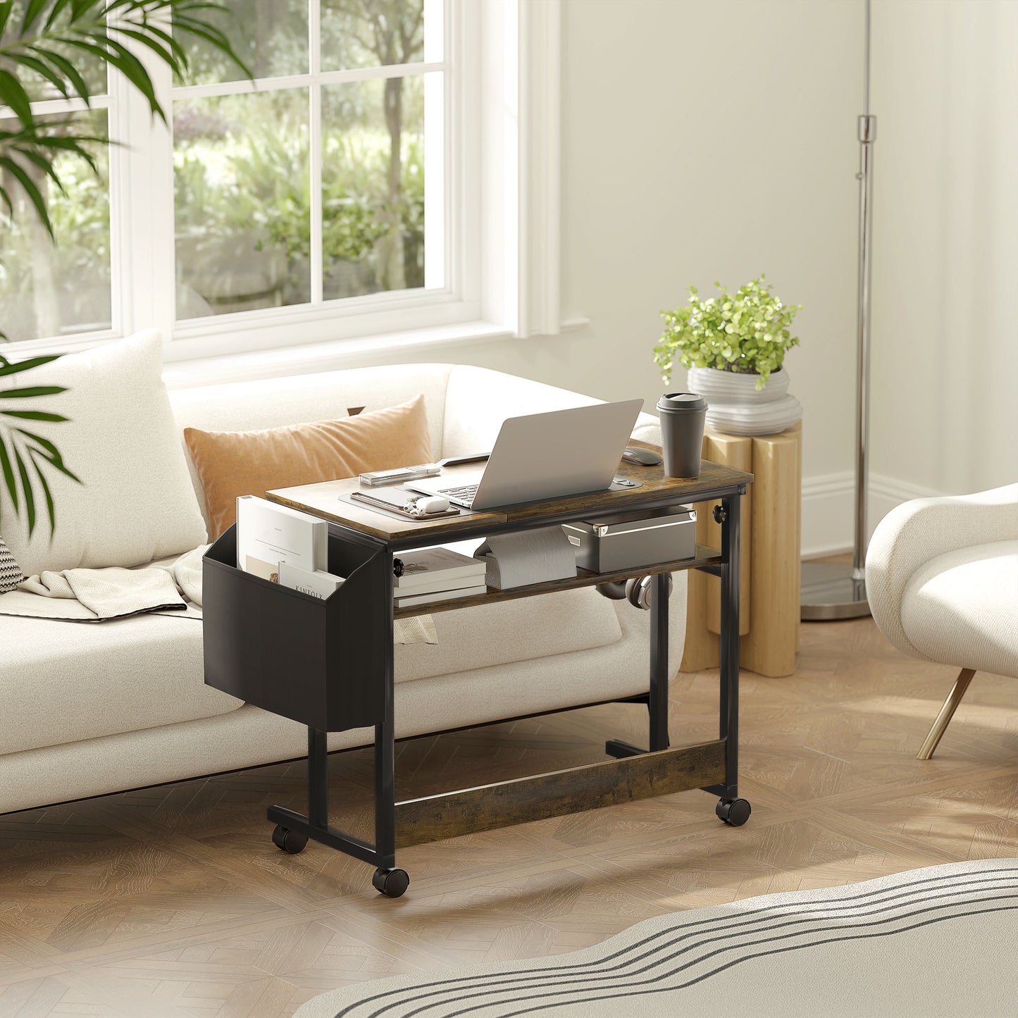 HOMCOM Höhenverstellbares Stehpult mit neigbarer Tischplatte, Rädern, Aufbewahrungsregal, zum Schreiben, Lesen, Zeichnen, Braun