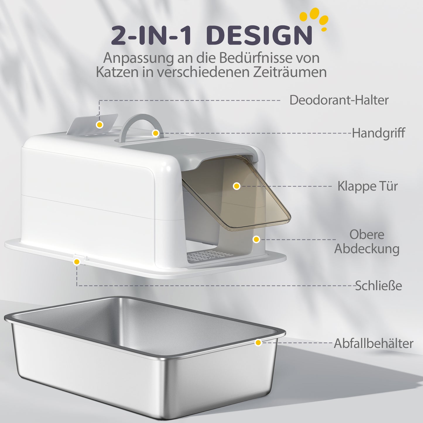 PawHut Katzentoilette, Wanne aus Edelstahl, Filter, Schaufel, für Katzen bis 6 kg, 40,5 x 60,5 x 41,5 cm, Weiß/Silber