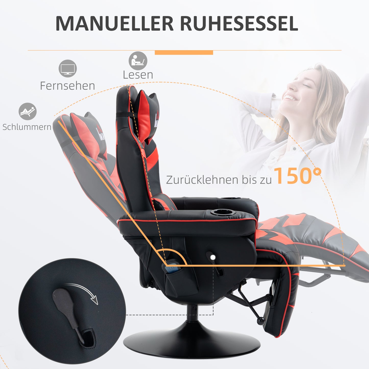 HOMCOM Gamingsessel, Massagefunktion, neigbare Lehne, Fußstütze, bis 120 kg, Stahlrahmen, Kunstleder, Rot