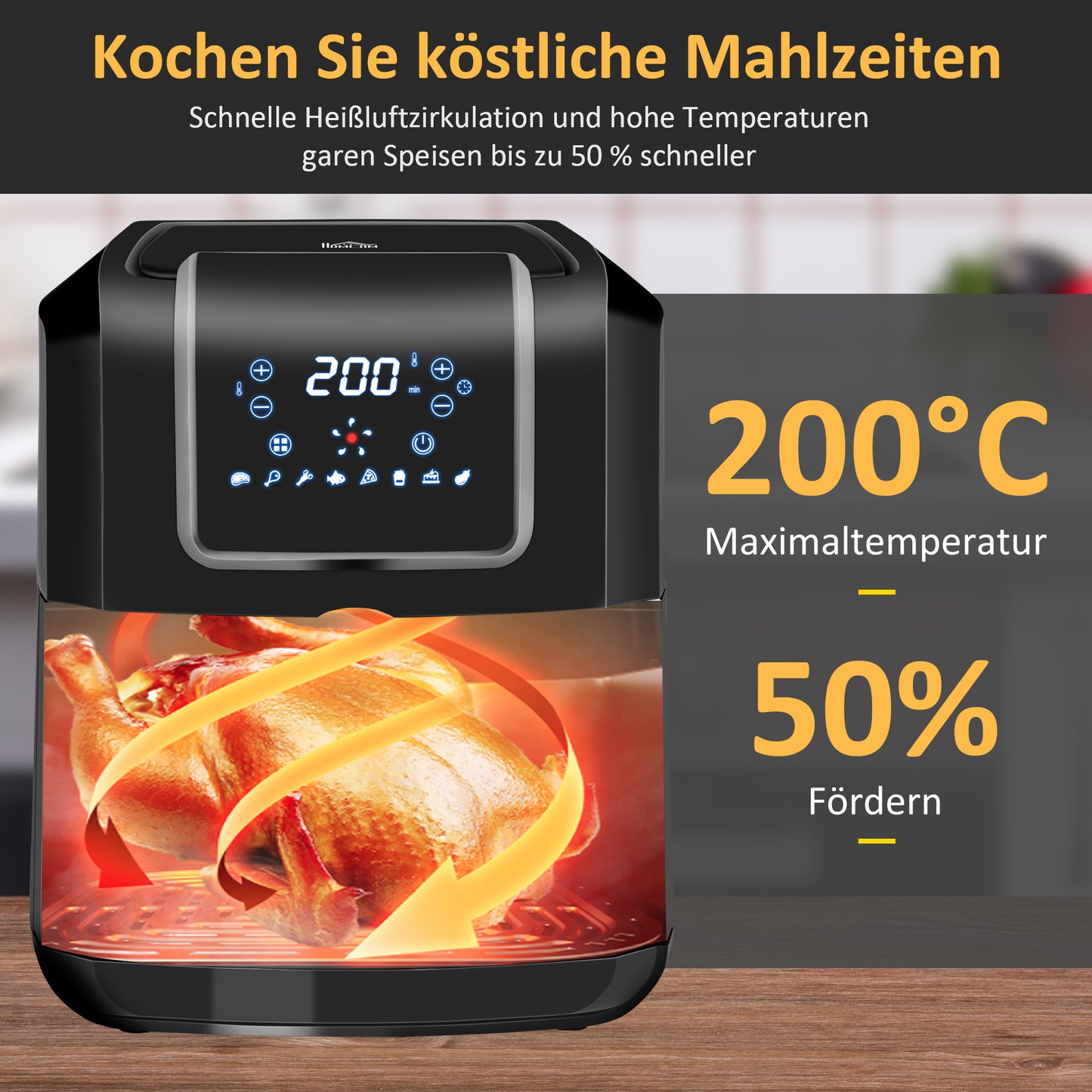HOMCOM Heißluftfritteuse 6,5 L 1700W mit 8 Menüs LED-Display Antihaftbeschichteter Korb für gesundes ölfreies fettarmes Kochen Schwarz 36,5 x 29 x 33,8 cm