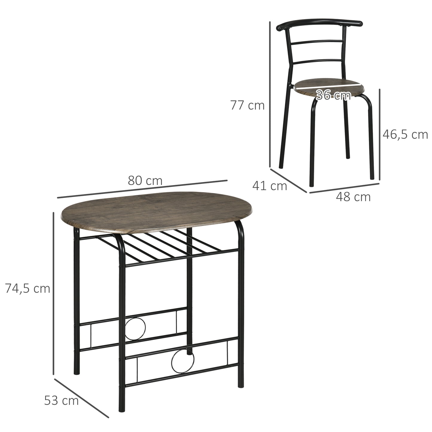 HOMCOM Bistro-Set Esstisch Küchentisch mit Stühlen Set, 1 Tisch, 2 Stühle, 80 cm x 53 cm x 74,5 cm, Schwarz