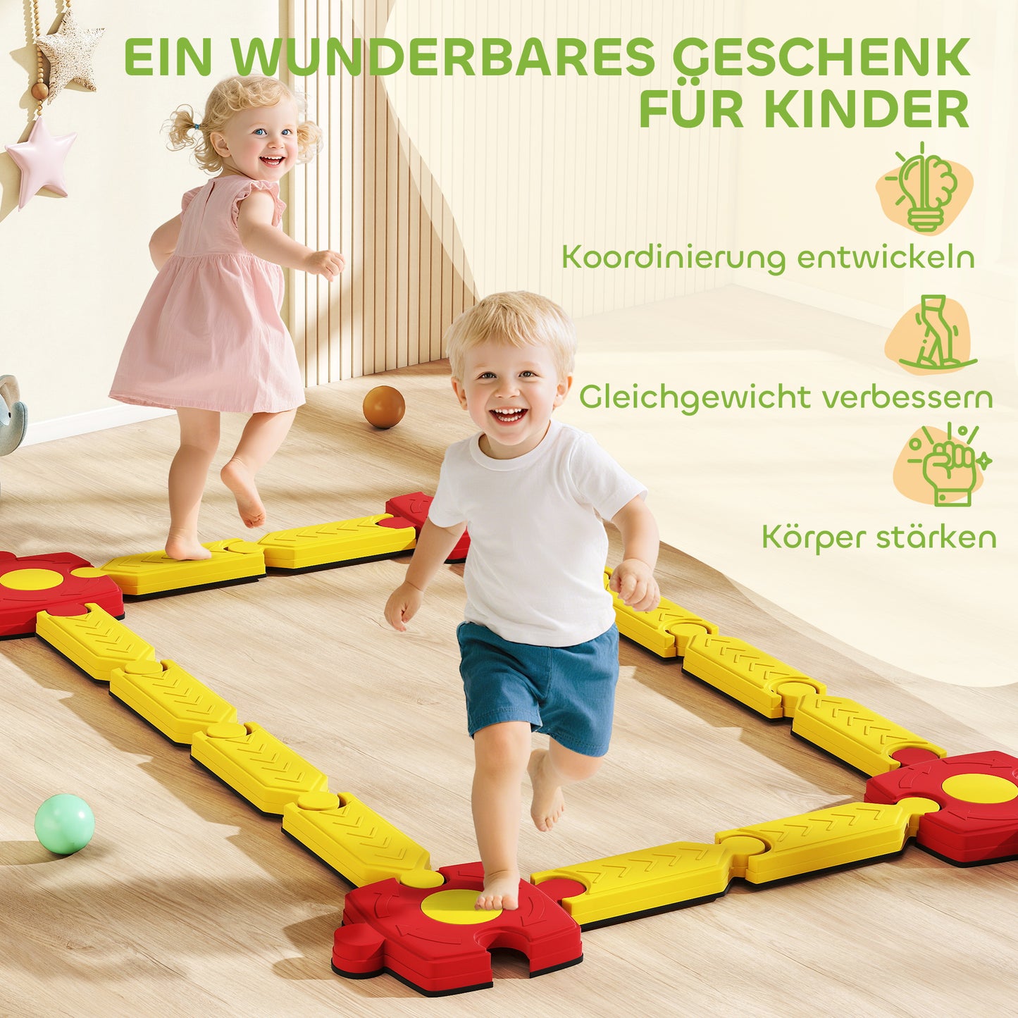 AIYAPLAY Kinder Schwebebalken-Set, frei gestaltbar, Kunststoff, flexible Teile, Gelb+Rot