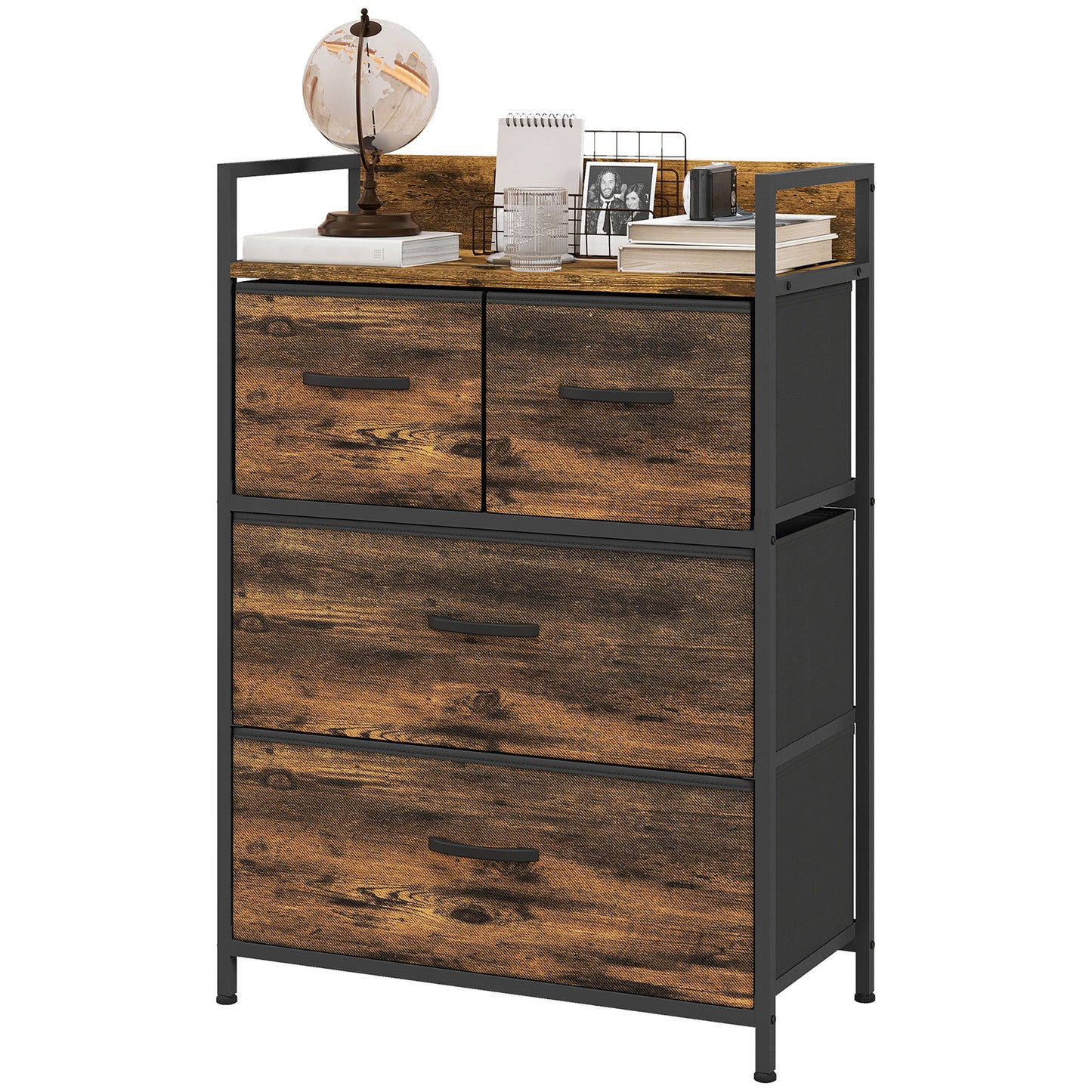 HOMCOM Kommode, Sideboard, 4 Stoffschubladen, Industrial Design, 60x29x85cm, Braun/Schwarz