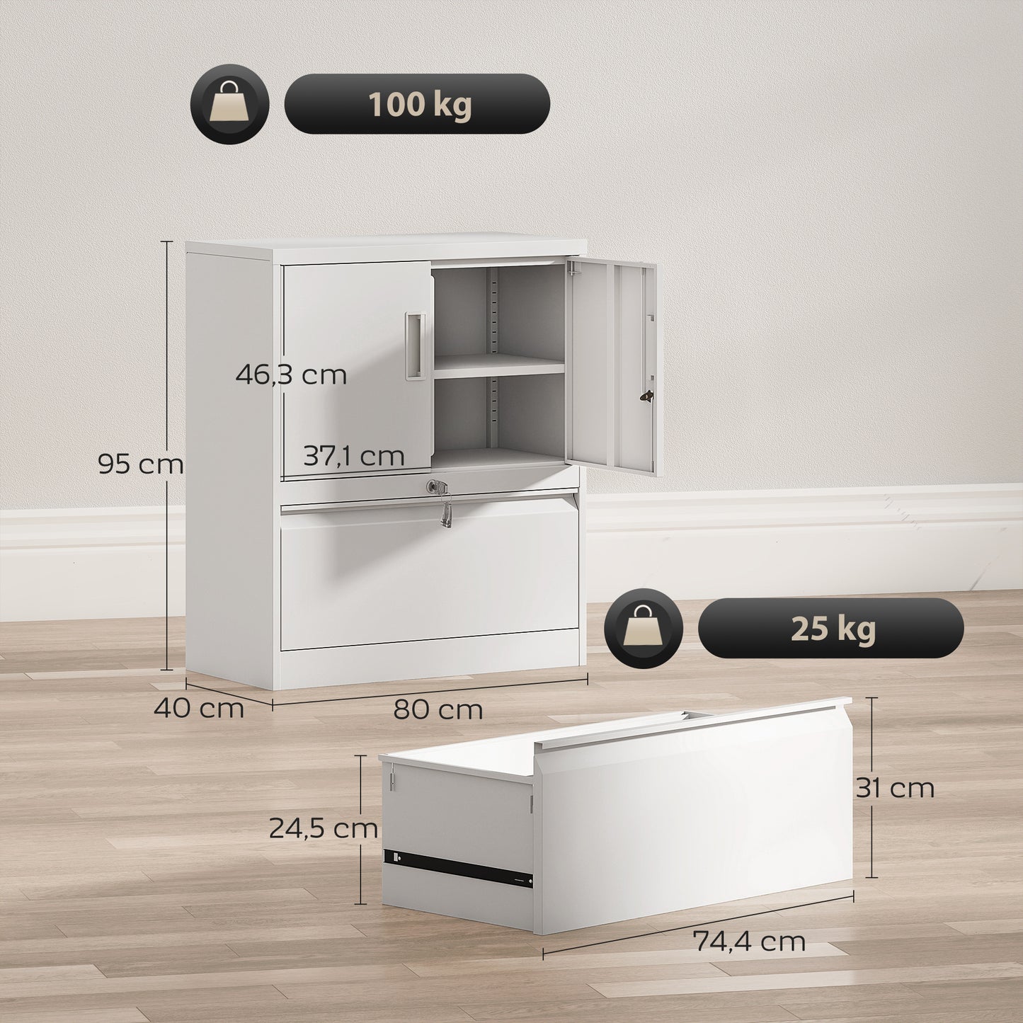 HOMCOM Aktenschrank Büroschrank Abschließbar Mehrzweckschrank aus Stahl mit 2 Türen, Verstellbaren Regalen Weiß
