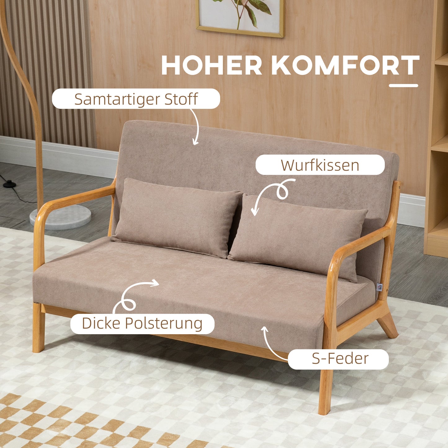HOMCOM 2-er Sofa, 2-Sitzer, kleines Sofa, Retrodesign, 2 Kissen, Kautschukholz, Braun + Natur