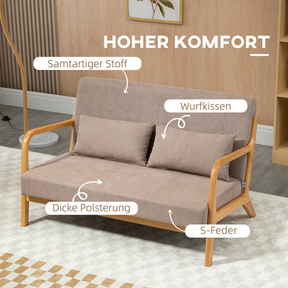 HOMCOM 2-er Sofa, 2-Sitzer, kleines Sofa, Retrodesign, 2 Kissen, Kautschukholz, Braun + Natur