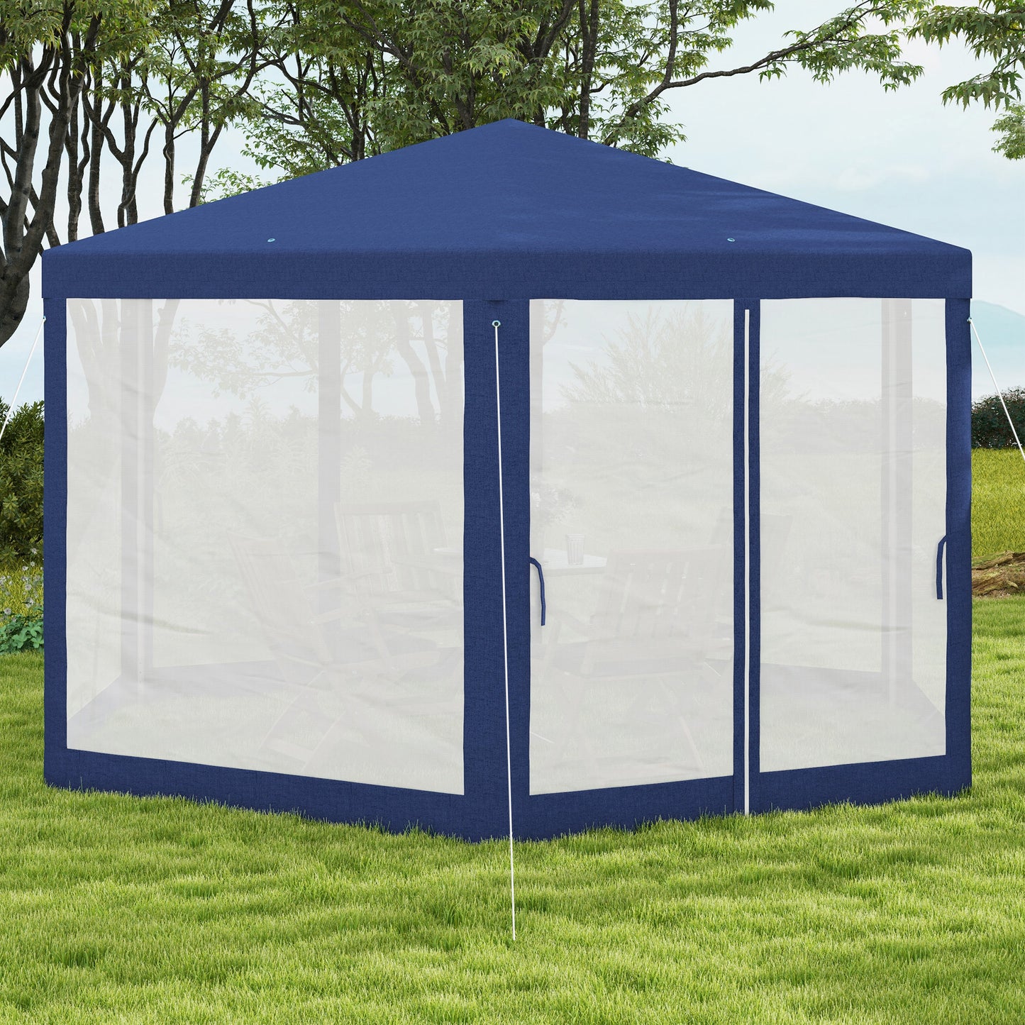 Outsunny Gartenpavillon, 6-eckig, Netzvorhänge, Metallgestell, 3,94x3,412x2,5m, Blau