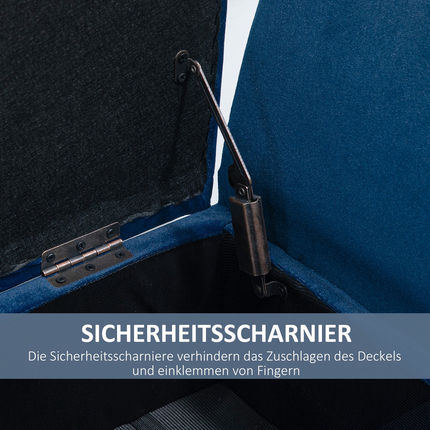 HOMCOM Sitzbank mit Stauraum Armlehnen Polsterbank mit Samtoptik, Sitztruhe mit Holzbeine, Truhenbank für Wohnzimmer Schlafzimmer Flur 107 x 42 x 65 cm, Blau