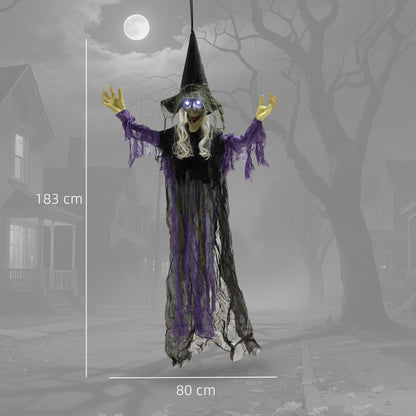 Outsunny 183cm Halloween Dekoration Hängende Halloween Hexe mit LED-Lichter, Soundfunktion verstellbare Arme, Mund