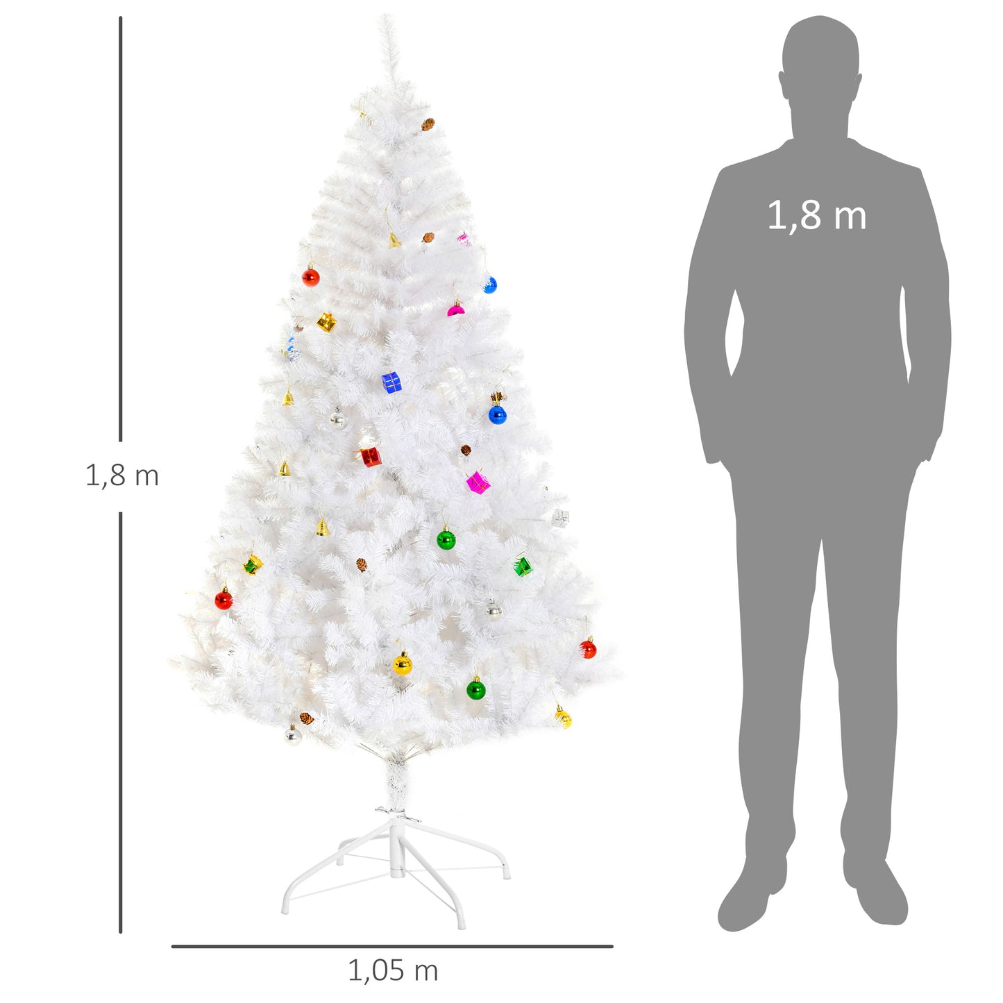 HOMCOM Künstlicher Weihnachtsbaum 180 cm künstlich Tannenbaum mit Kugeln, Glocken, Trommeln, Geschenkboxen, Christbaum mit 930 Spitzen, 12 Tannenzapfen Weihnachtsdeko inkl. Metallständer für drinnen