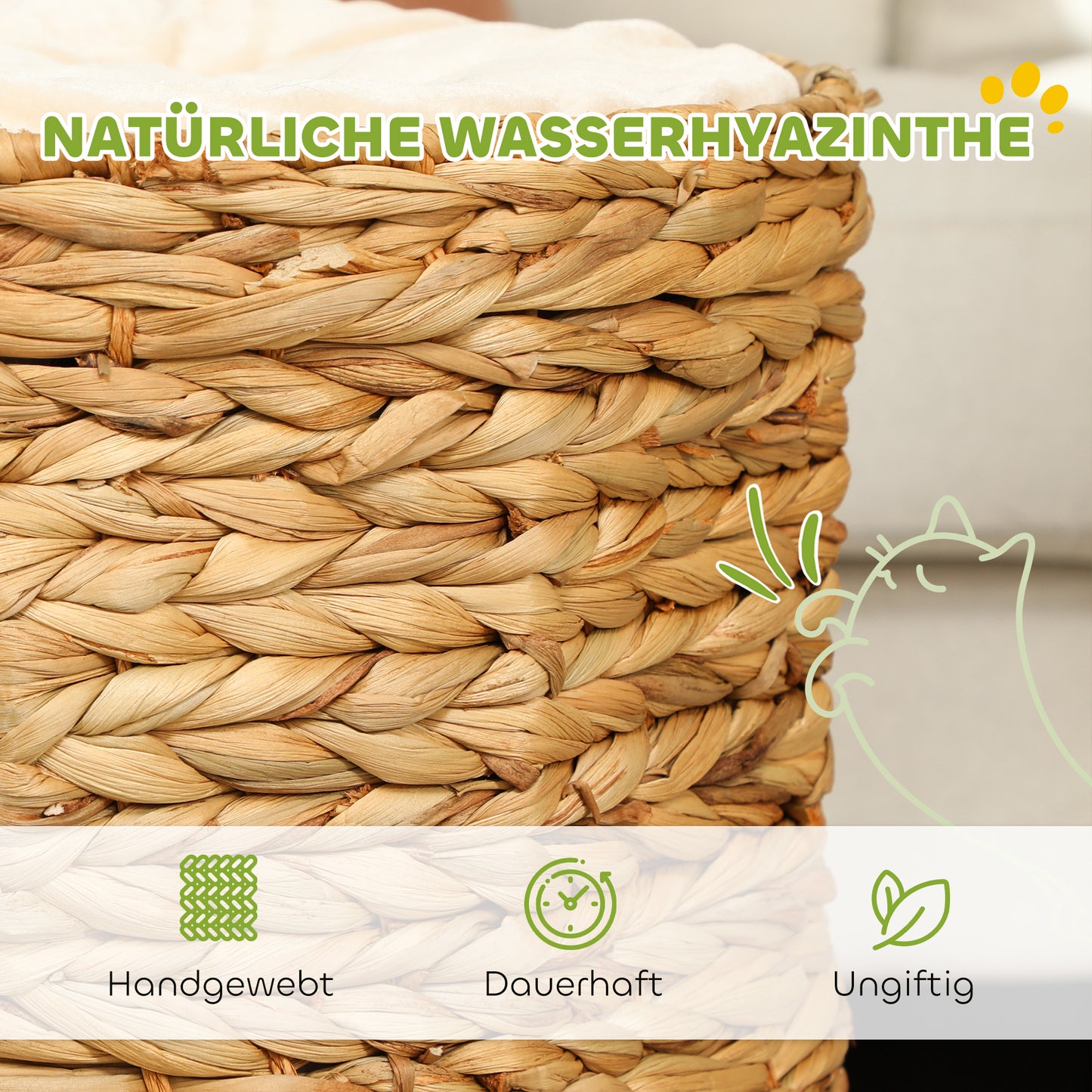 PawHut Kratztonne, 50 cm, 2 Höhlen, Kissen, Kratzbaum mit Katzenbett, Katzenturm aus Wasserhyazinthe, Hellbraun