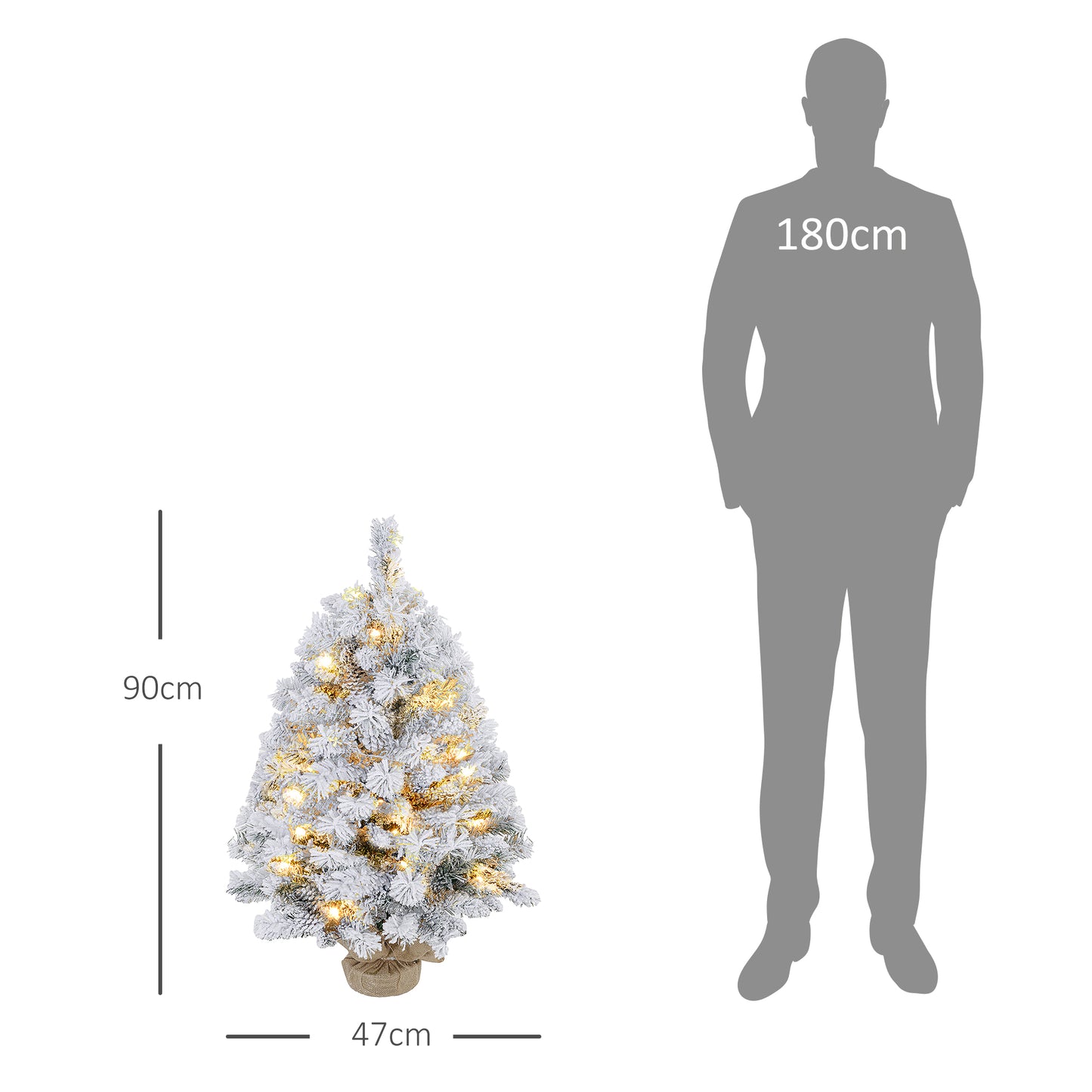 HOMCOM Weihnachtsbaum 92 cm, LED-Lichter, Schneezweige, Tannenzapfen, flammenhemmend, Betonfuß