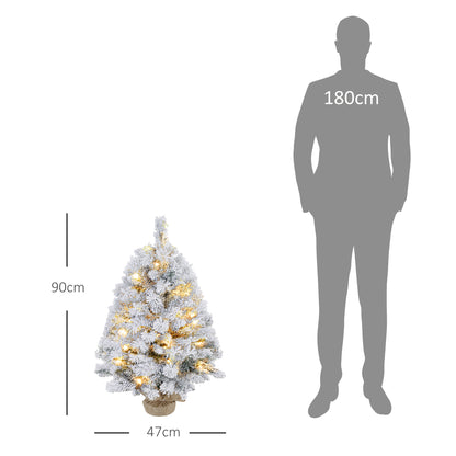 HOMCOM Weihnachtsbaum 92 cm, LED-Lichter, Schneezweige, Tannenzapfen, flammenhemmend, Betonfuß
