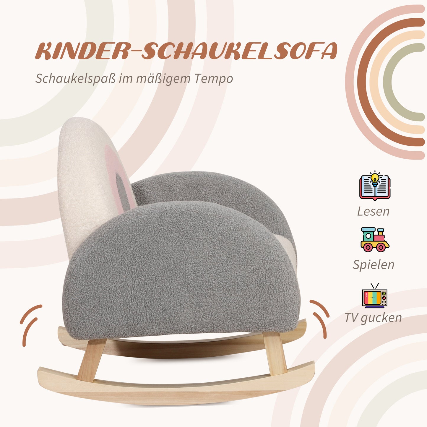 HOMCOM Schaukelstuhl für Kleinkinder, niedliches Design, Schaffell-Imitat, Eukalyptusholz, 50 x 45 x 44cm, grau+rosa+creme