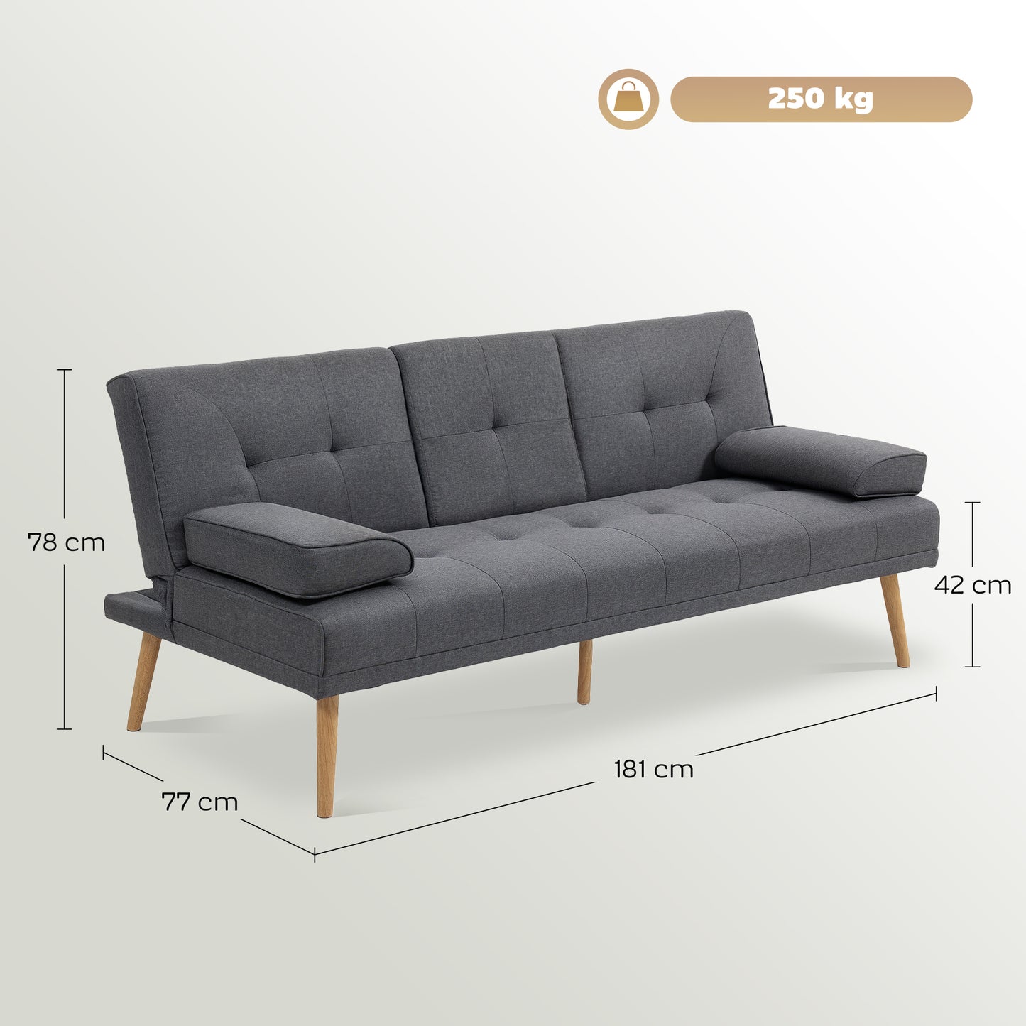 HOMCOM Schlafsofa im Skandi-Design, 3-Sitzer-Sofa, 2 Kissen, Grau + Natur