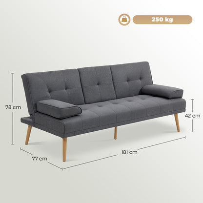 HOMCOM Schlafsofa im Skandi-Design, 3-Sitzer-Sofa, 2 Kissen, Grau + Natur