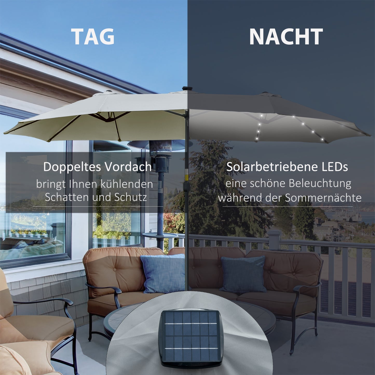Outsunny Sonnenschirm med LED Solar 4,5m Doppelsonnenschirm Gartenschirm Marktschirm Terrassenschirm Oval Hellgrau+Schwarz