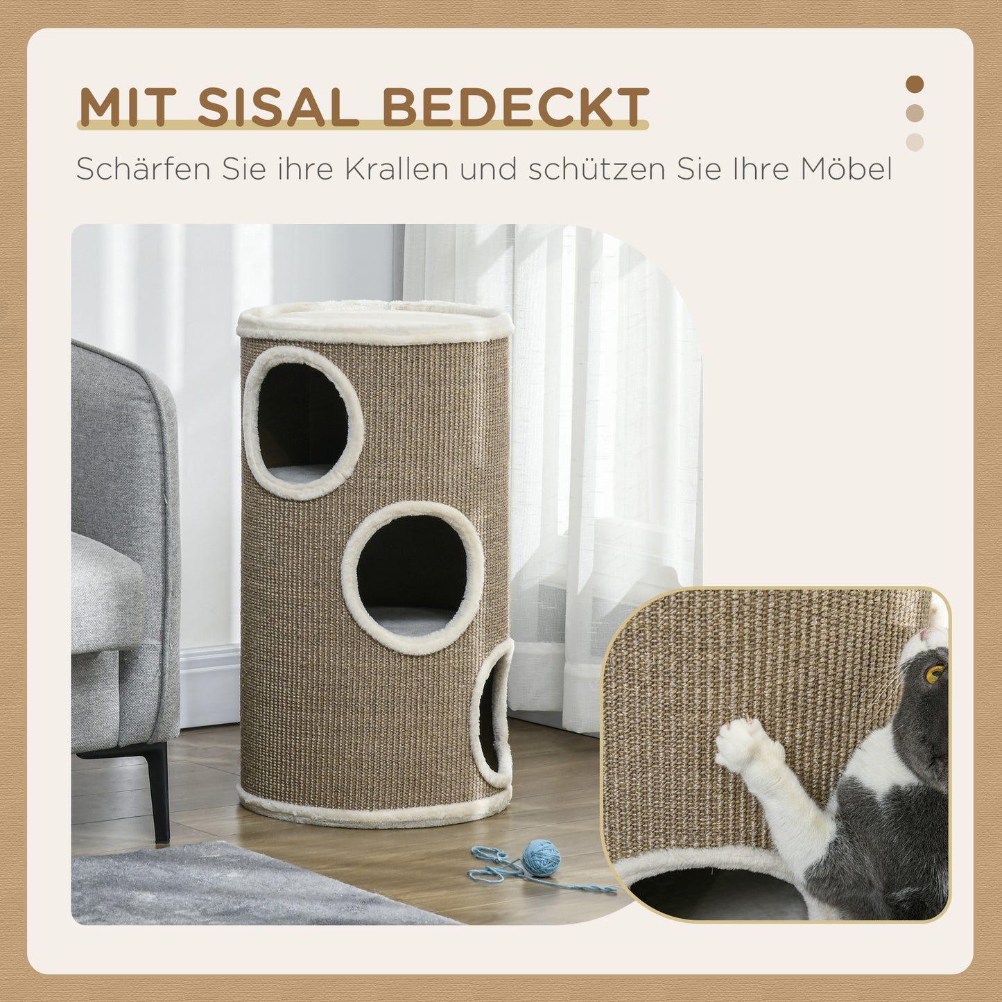 PawHut Katzen Kratztonne, weicher Plüsch, Sisal-Kratzteppich, robust, Ø38 x 70H cm, Braun