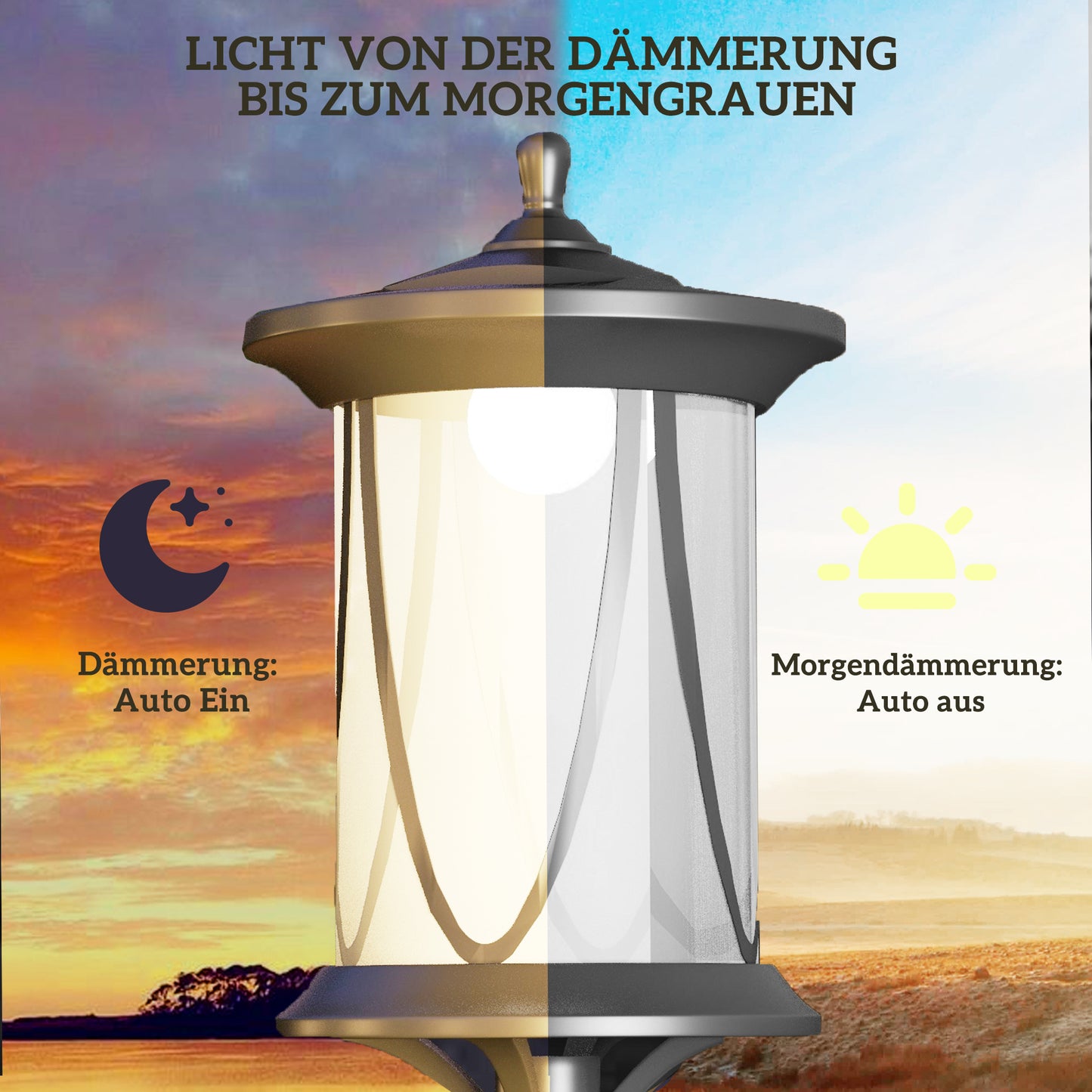 Outsunny Solar-Außenleuchte, LED, Automatikbetrieb, wetterfest, 6h Leuchtdauer, 17B x 17T x 127Hcm, Schwarz