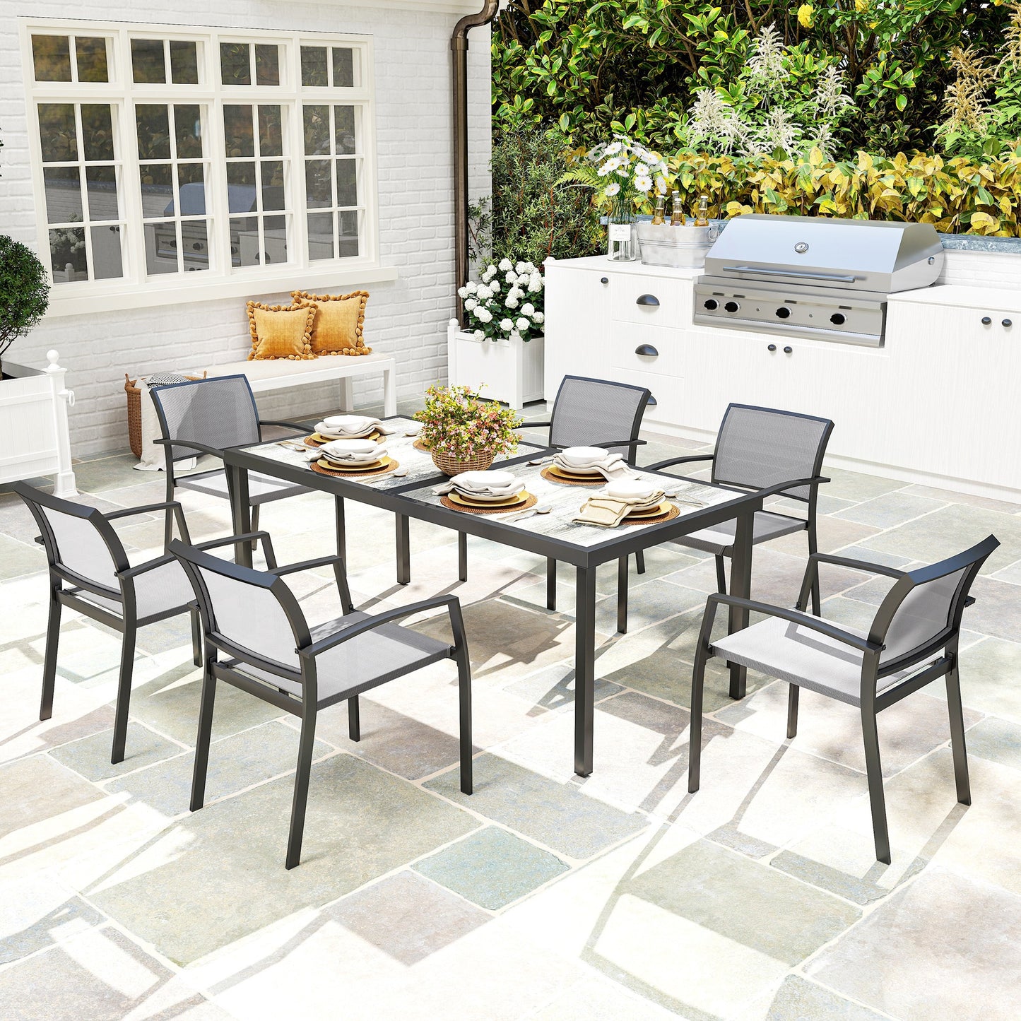 Outsunny 7-teiliges Ess-Set, 6 Stühle, 1 Tisch, stapelbar, leicht zu reinigen, Stahlrahmen, Gartenmöbel-Set, Grau