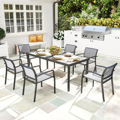 Outsunny 7-teiliges Ess-Set, 6 Stühle, 1 Tisch, stapelbar, leicht zu reinigen, Stahlrahmen, Gartenmöbel-Set, Grau
