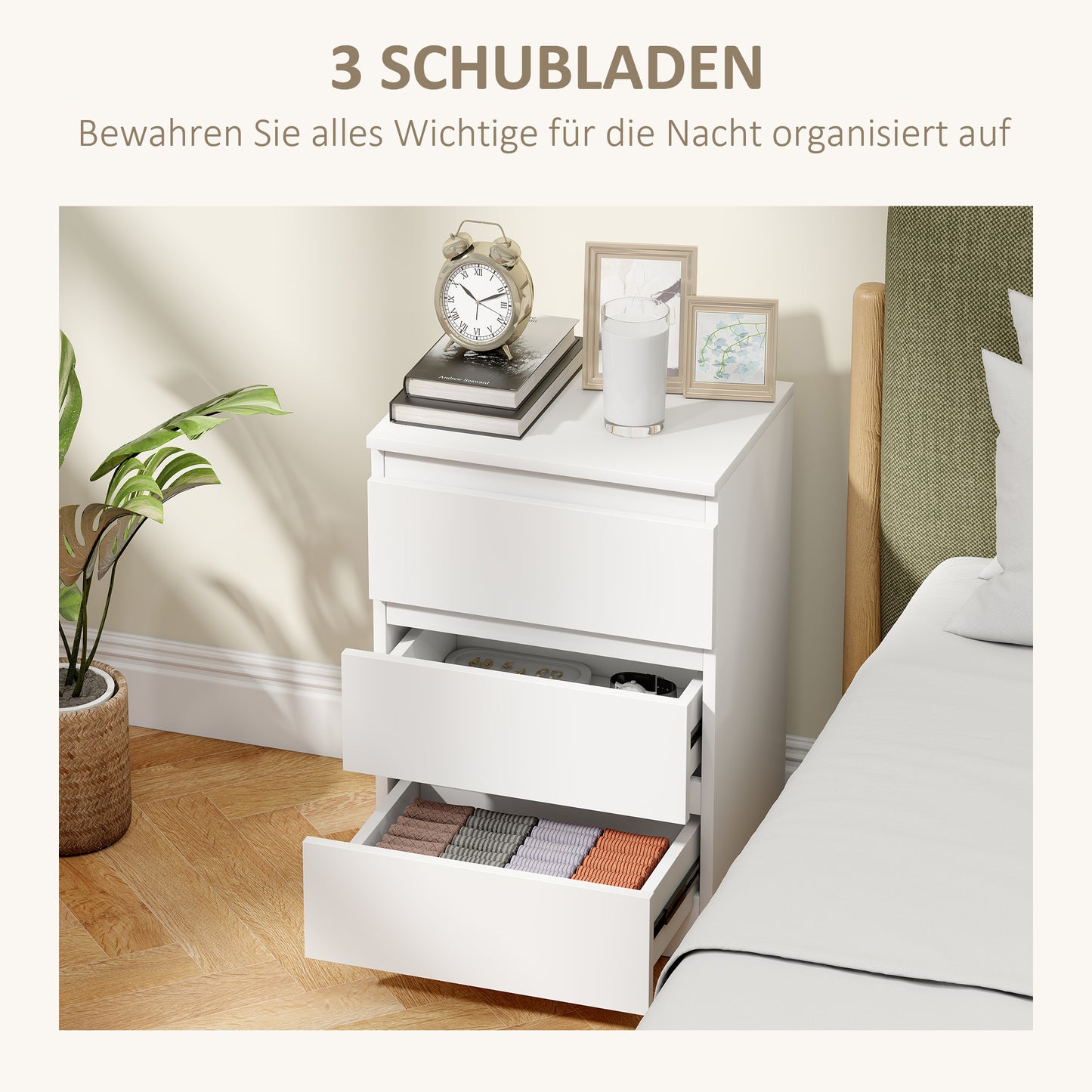 HOMCOM Nachttisch, 2er Set Beistelltisch mit 3 Schubladen, Nachtschrank, Nachtkommode für Schlafzimmer, Wohnzimmer, 40 x 30 x 59,5 cm, Weiß