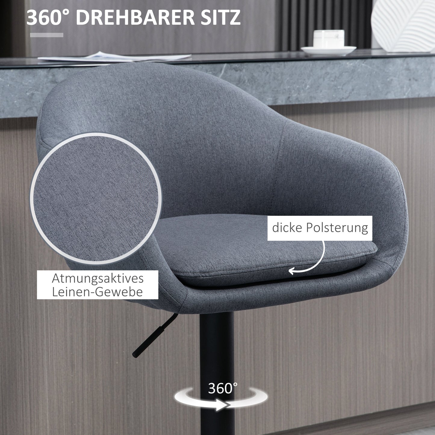 HOMCOM Barhocker höhenverstellbar mit Lehne und mit Fußstütze; Leinenoptik, 54 cm x 54 cm x 112 cm, Grau