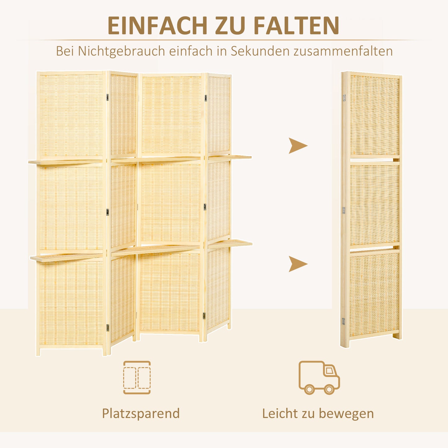 HOMCOM Raumteiler, Raumtrenner aus Bambus, 2 Regale, faltbar, Fußpads, Natur