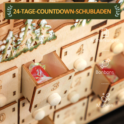 HOMCOM Adventskalender, Weihnachtsdorf, 18 LEDs, 24 Schubladen, wiederverwendbar, 45 x 9 x 42,5 cm