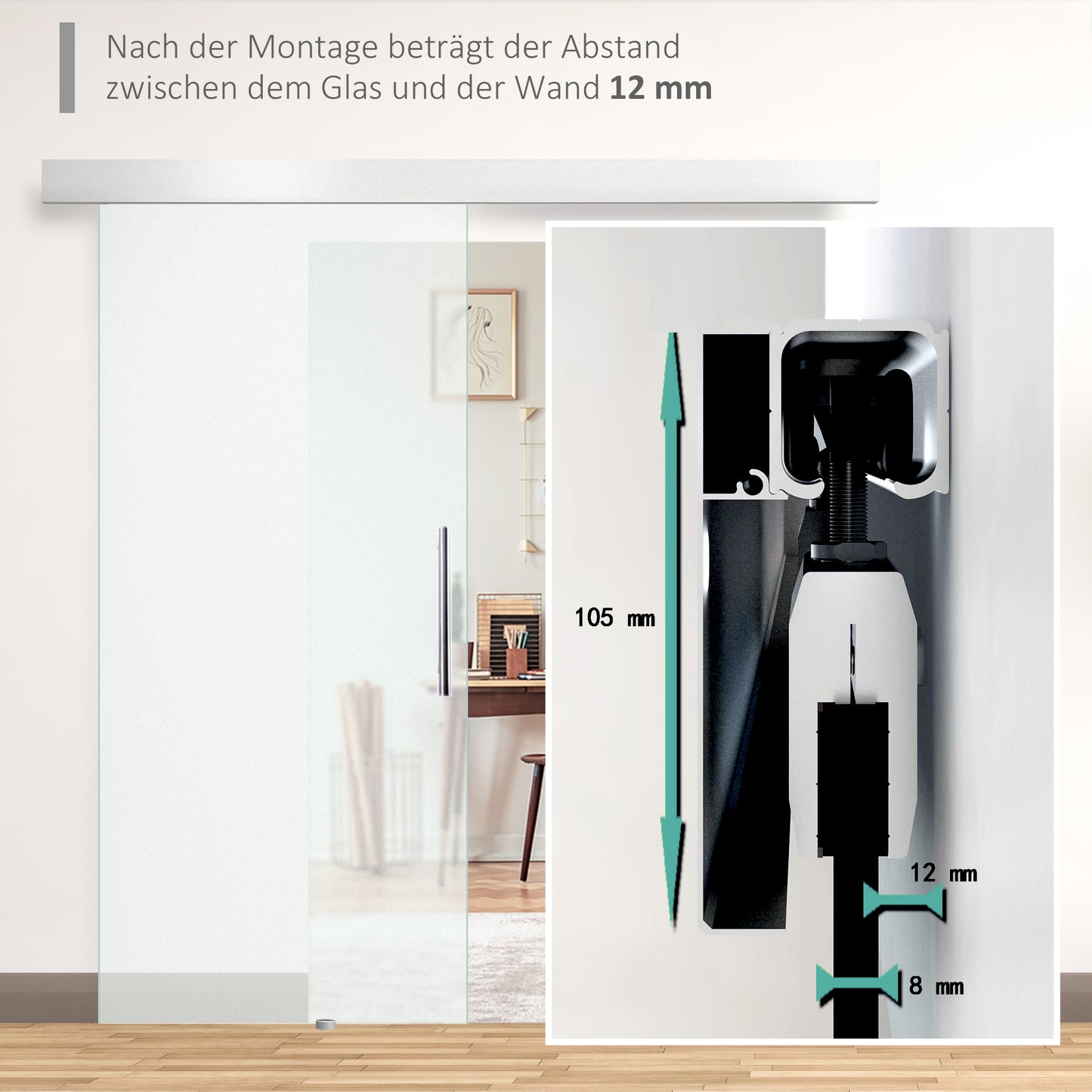 HOMCOM Glasschiebetür mit Griffstange, einseitig satiniert, 102,5 x 205 cm