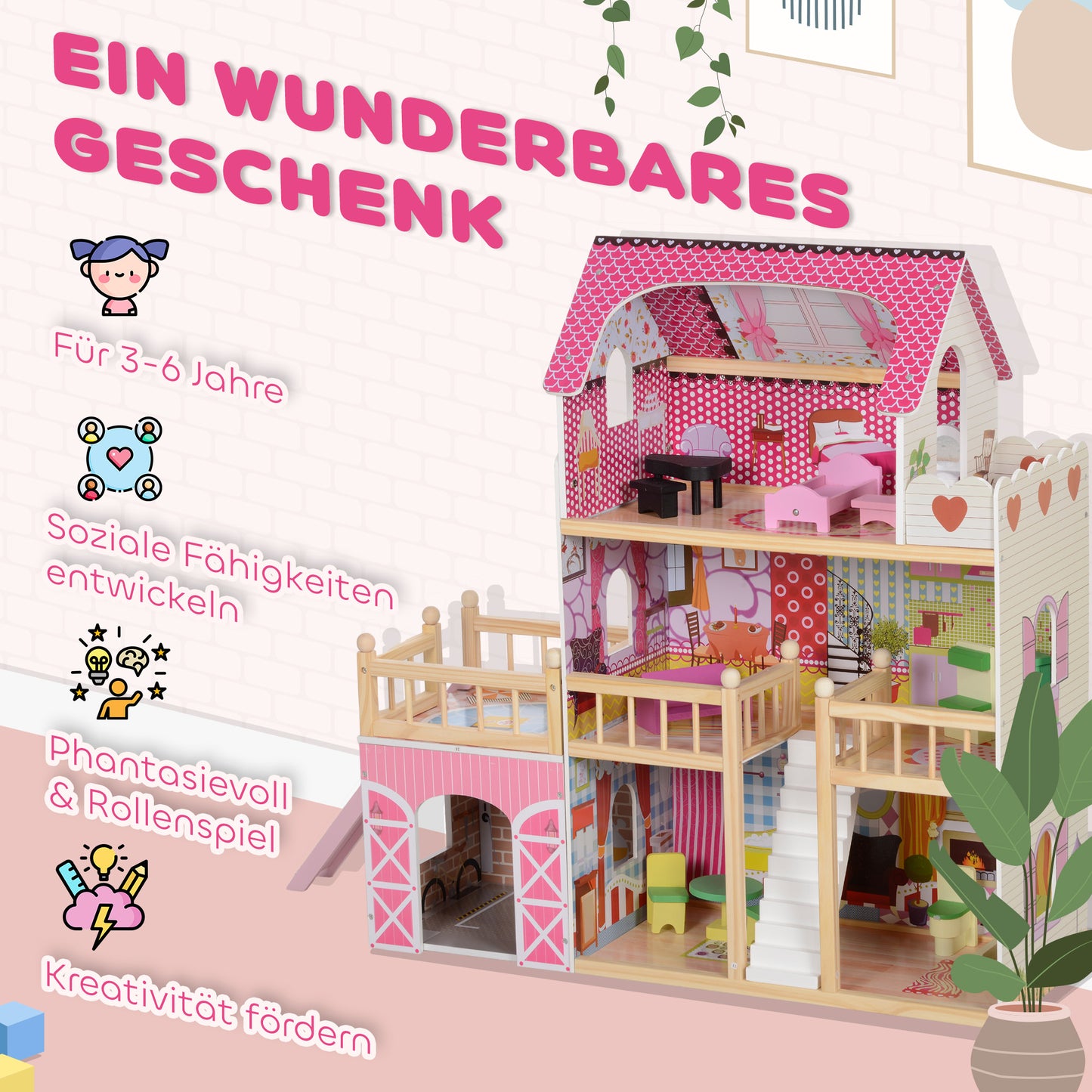 AIYAPLAY Puppenhaus, 3 Etagen, 13 Möbelstücke, Garage, Rutschen & Balkon, 114 x 32 x 92 cm, Rosa