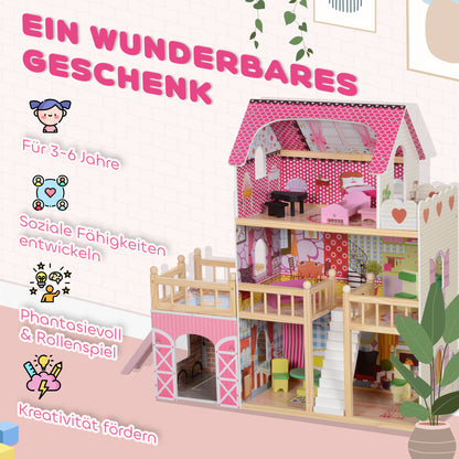 AIYAPLAY Puppenhaus, 3 Etagen, 13 Möbelstücke, Garage, Rutschen & Balkon, 114 x 32 x 92 cm, Rosa
