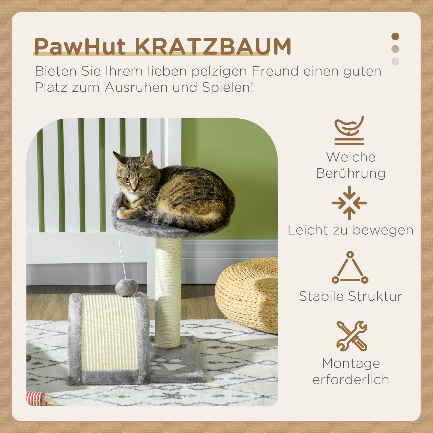 PawHut Kratzbaum 46 cm Kleiner Katzenturm mit Höhle, Spielball, Sisal-Seil, erhöhter Plattform, Katzenkratzbaum, Kletterbaum, för Katzen till 4 kg, Grau