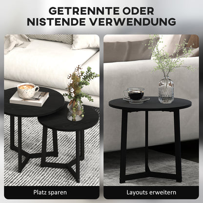 HOMCOM Moderner Couchtisch als 2er-Set, Metallrahmen, MDF, Rundes Design, ineinander verschiebbar, Schwarz