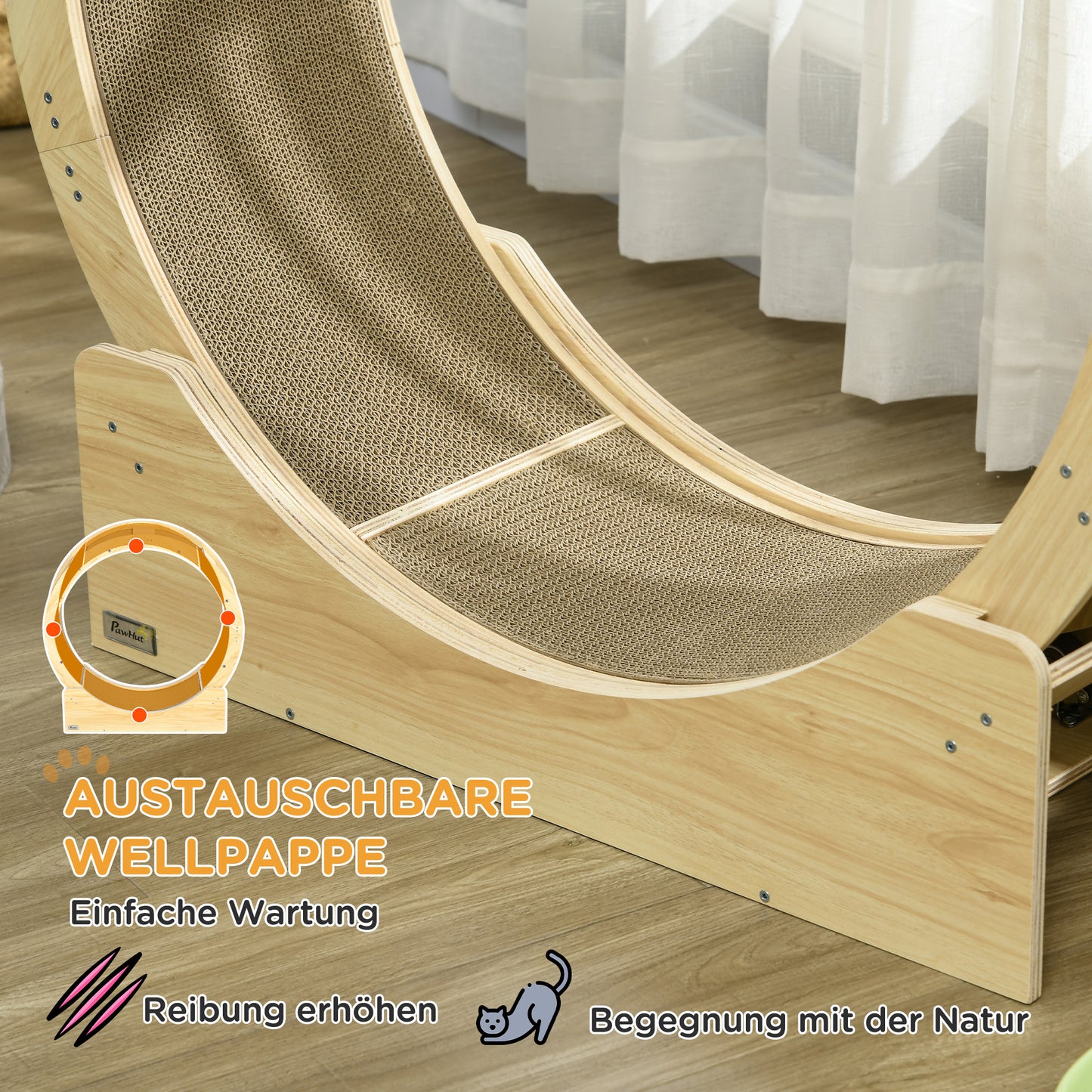 PawHut Katzenlaufrad 91 cm Katzenrad 91 cm mit Bremse, Kratzbrett, Eiche