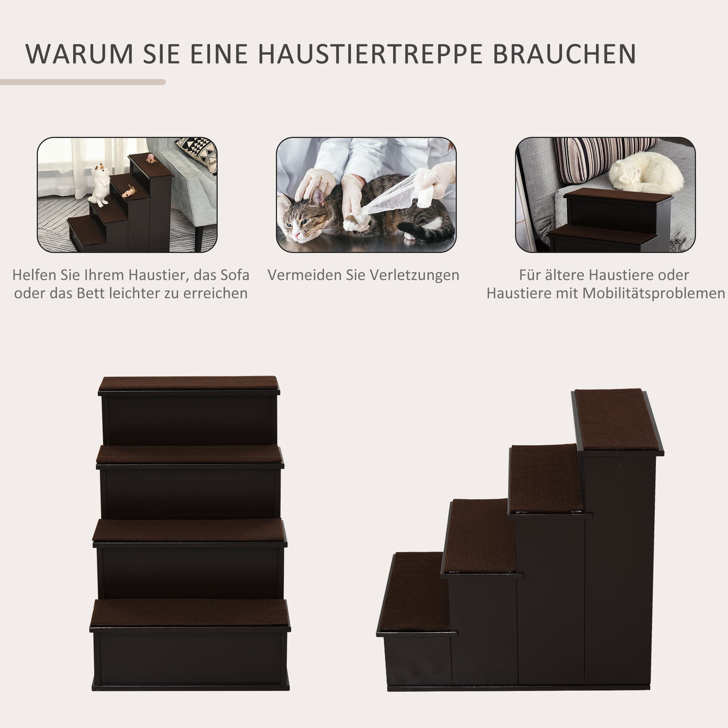 PawHut Haustiertreppe, für Hunde/Katzen, 4-stufig, Kurzplüsch, bis 30 kg, 40 x 59 x 54,2 cm, Dunkelbraun