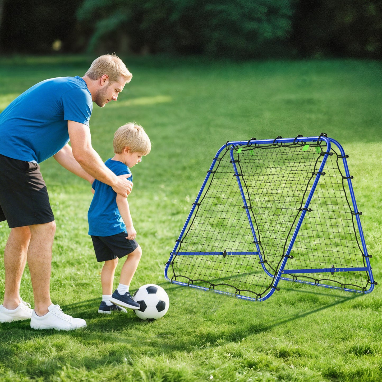HOMCOM Rebounder für Fußball, verstellbar Prellwand mit 5 Winkelpositionen und Rückprallwand Netz, 100 x 68-95cm Kickback Tor Fußballtor für Jugendliche, Rückprallwand für Handball Training, Blau