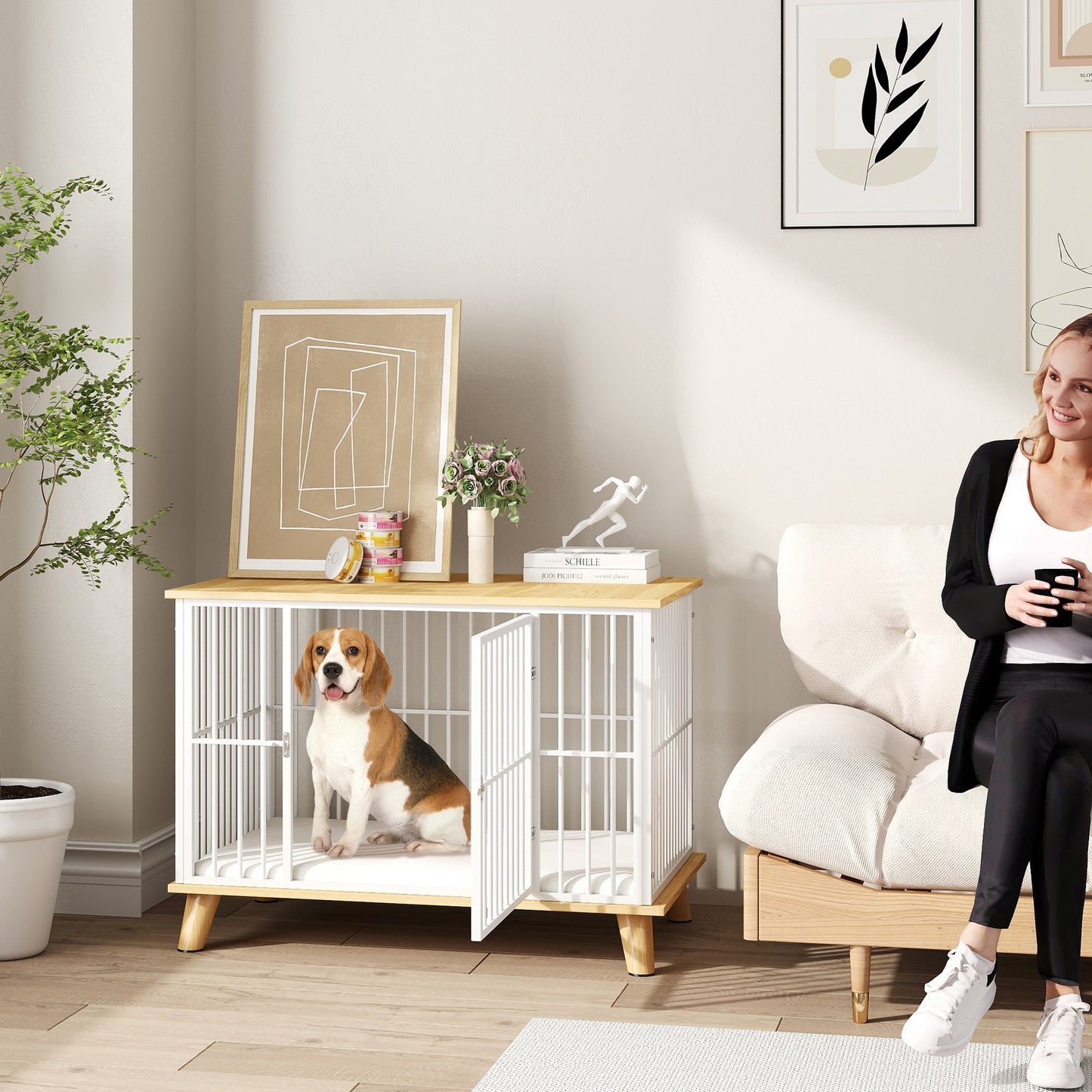 PawHut Hundebox mit Verriegelungstür, abnehmbares Kissen, gute Belüftung, Stahl, 86x60x70 cm, Weiß+Grau