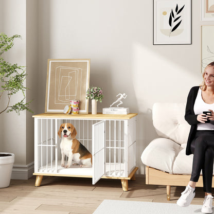 PawHut Hundebox mit Verriegelungstür, abnehmbares Kissen, gute Belüftung, Stahl, 86x60x70 cm, Weiß+Grau