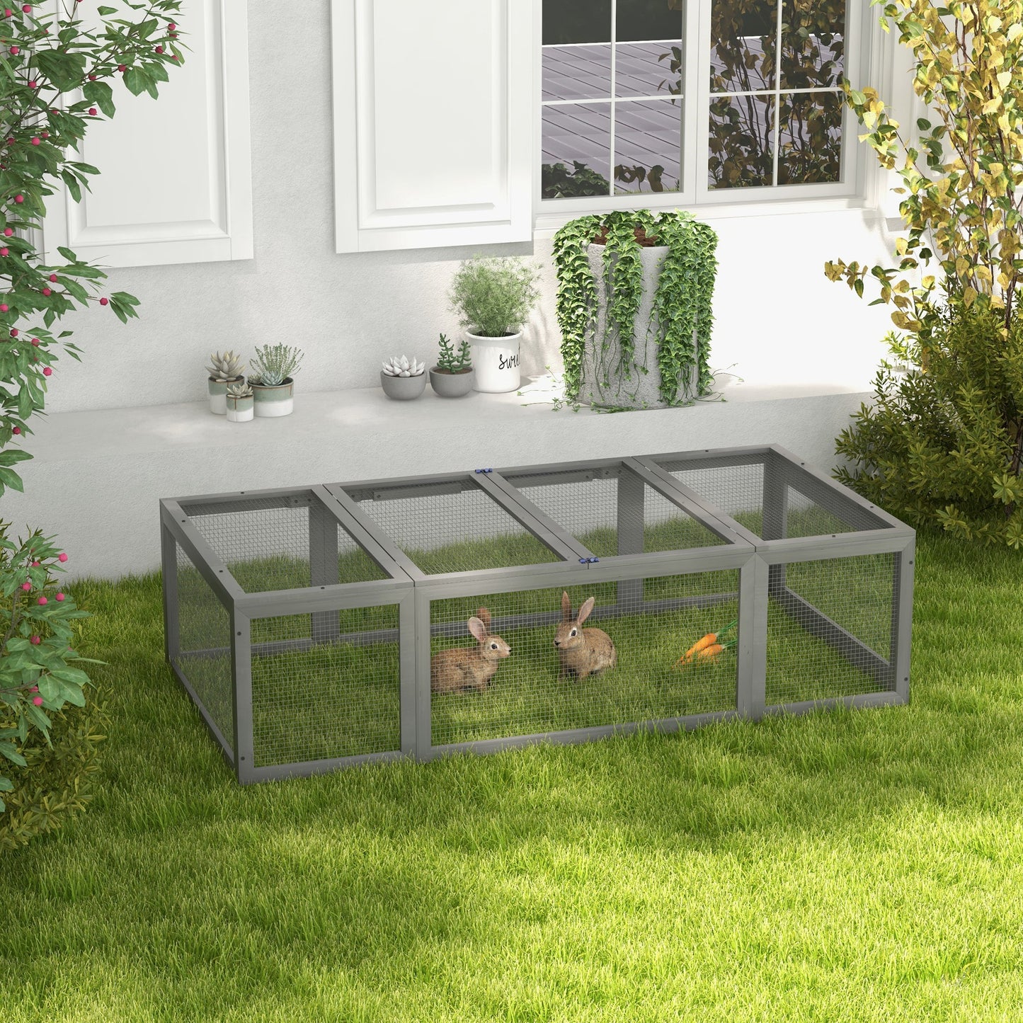 Pawhut Freilaufgehege für Kleintiere Aufklappbares Dach Tannenholz Grau