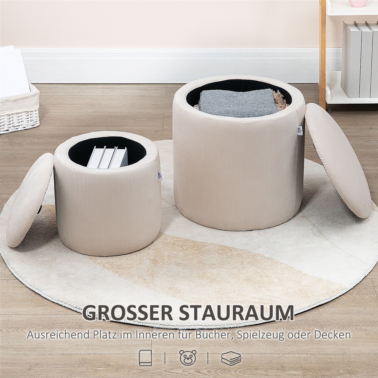 HOMCOM Hocker Ottomane, Zweier-Set, mit Stauraum, weiche Polsterung, Bezug in Cordoptik, Cremeweiß, 40 x 40 x 41cm