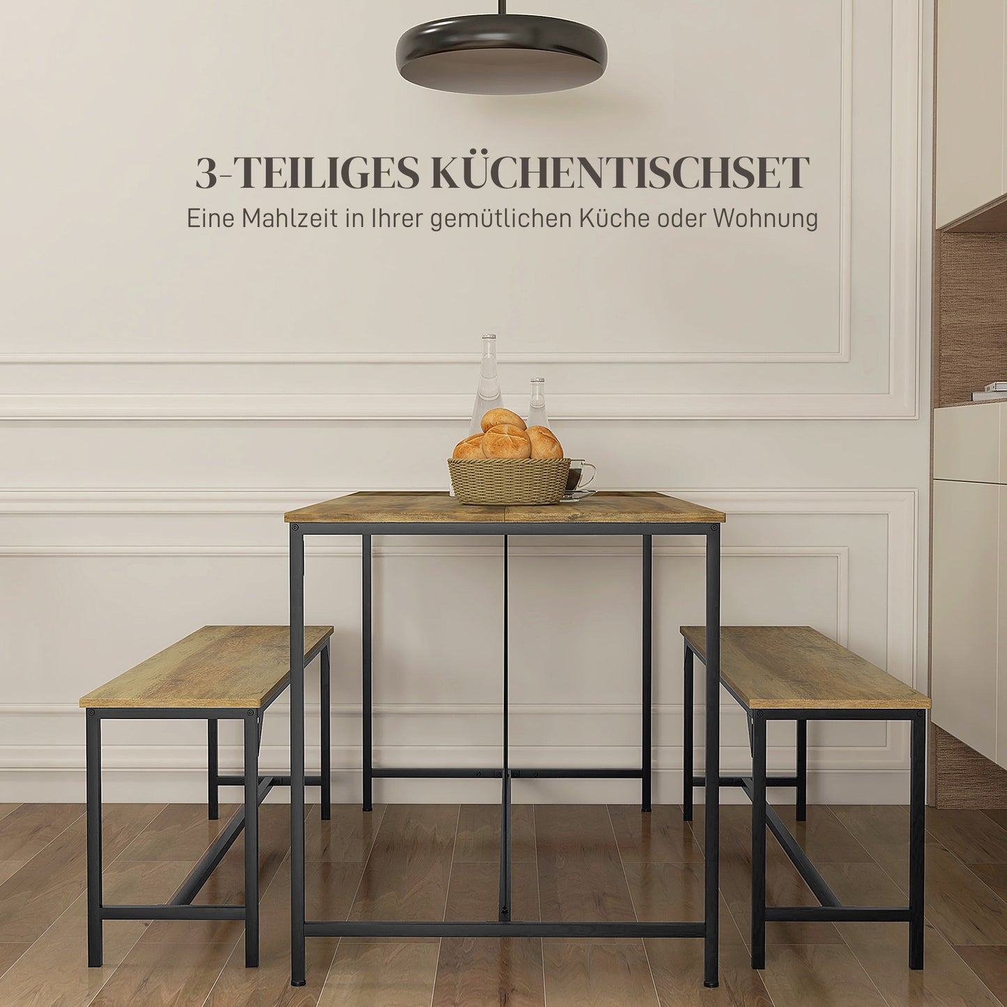 HOMCOM Essgarnitur, Tisch & 2 Bänke, Industrial Design, Stahlrahmen, Holzdekor/Schwarz