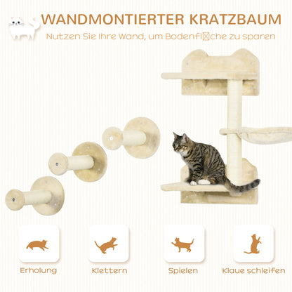 PawHut Kletterstufen, Kletterwand, Katzentreppe, 4-tlg. Set, mit Kratzbaum, Hängematte, beige+cremeweiß, 40 x 28 x 73cm